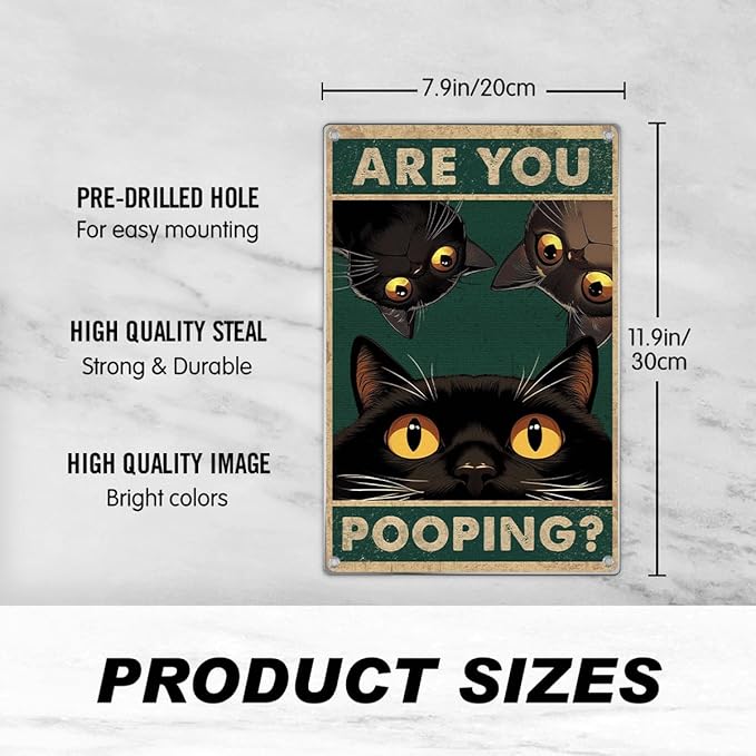 Funny Black Cat Are You Pooping Metal Sign Vintage Bathroom Wall Decor Humorous Art For Restroom Home Decoration 8 x 12 Inch Indoor Aluminum Outdoor Kitchen