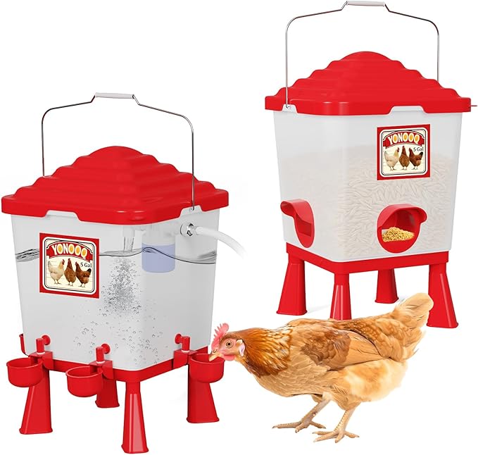 5 Gallon/26 Pounds Automatic Chicken Feeder and Waterer Set, Chicken Waterer with Automatic Float Valve, No Waste, Rain Proof Poultry Feeder, Chick Coop Accessories, for Chicken, Duck, Turkey