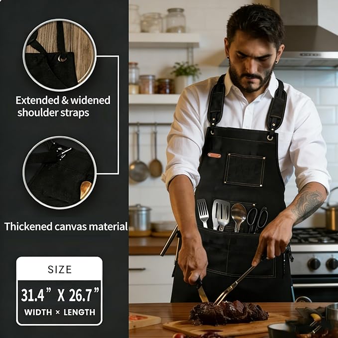Adjustable Kitchen Apron Set With Pockets, Heavy Duty Cooking Apron for Men and Women, Black/Grey