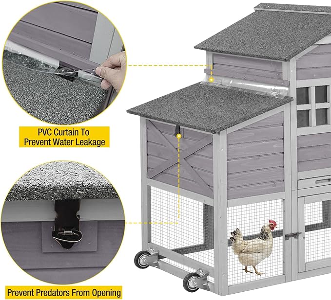 Aivituvin Chicken Coop Mobile Chicken House on Wheels, Rabbit Hutch Bunny Cage Expandable Wooden Poultry Cage with Large Nesting Box Leakproof Pull-Out Tray,UV-Resistant Roof (Grey)