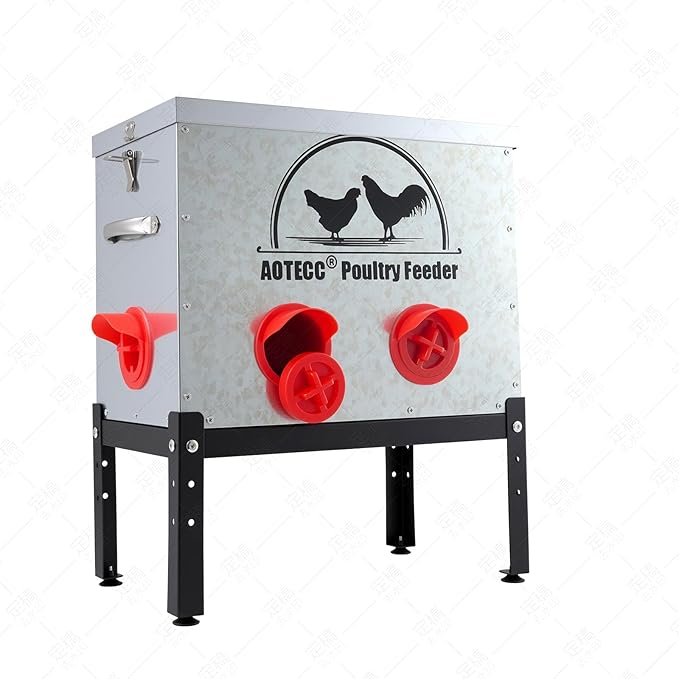 Metal Chicken Feeder, 40lb Automatic Chicken Feeder - 6 Feeding Ports, No Waste Poultry Feeder with Locking Lid & Legs for Outdoor Inside Chicken Coops Geese Ducks, Weatherproof, Rodent Proof