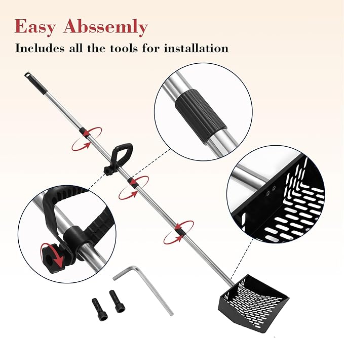 Chicken Poop Scooper and Rack 2-in-1 10'' Metal Coop with 35" to 61" Adjustable Handle, Litter Sifting Shovel Cleaning Tools for Chicken Coop Run,Chicken Coops and Animals House