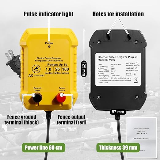 Electric Fence for Preventing Animals Intruding 2 Mile 110VAC 1 Joule Electric Plug in Fence, 50 Black Insulator and 1 Socket Tool 250ft Aluminum Wire for Animals and Keep Out Predators