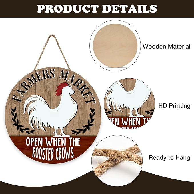 Farmers Market Open When The Rooster Crows Front Door Sign, Vintage Farmhouse Chicken Wood Hanger Outdoor Home Decor, Rustic Country Wooden Wreath Indoor Wall Hanging Decoration Farm Gifts