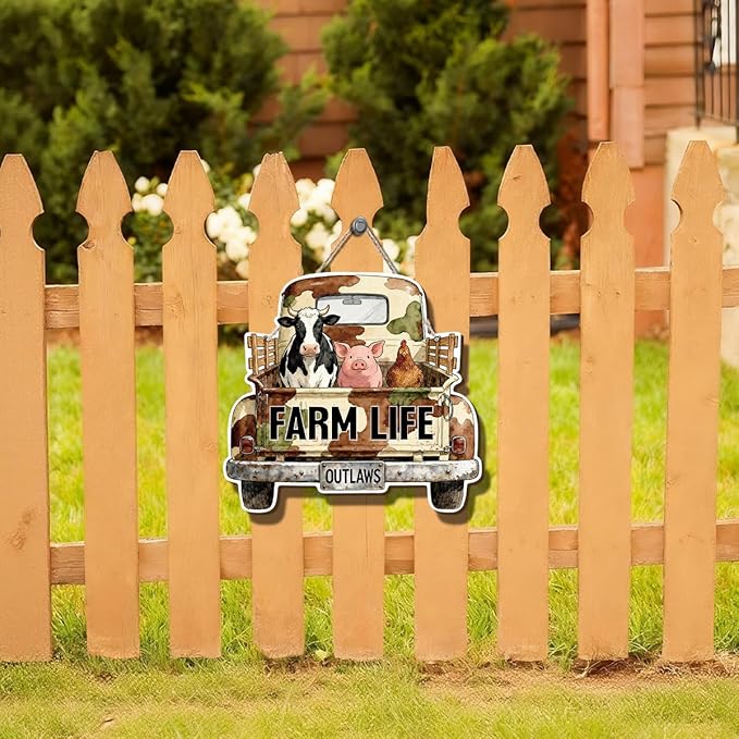 Farmhouse Wall Decor, Farm Life Truck Sign with Cow Pig Chicken, Rustic Wood Hanging Plaque, Watercolor Farm Animal Wall Art Painting Style, Country Home Door or Wall Sign, 10.4x9.8 Inches