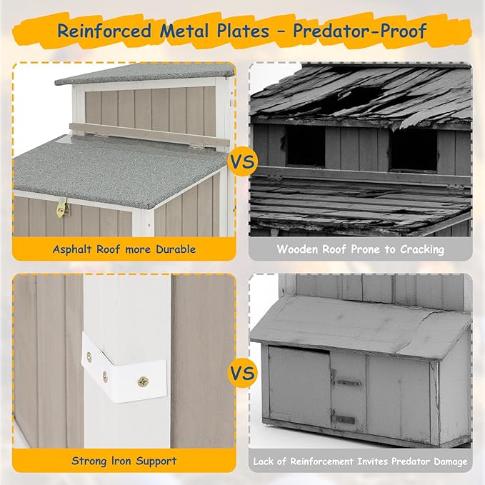 Chicken Coop Waterproof Asphalt Roof Predator-Proof Wooden Hen House for 2–4 Chickens Easy Clean Slide-Out Tray L-Shaped Metal Reinforced Outdoor Coop with Nesting Box Ramp & Ventilation