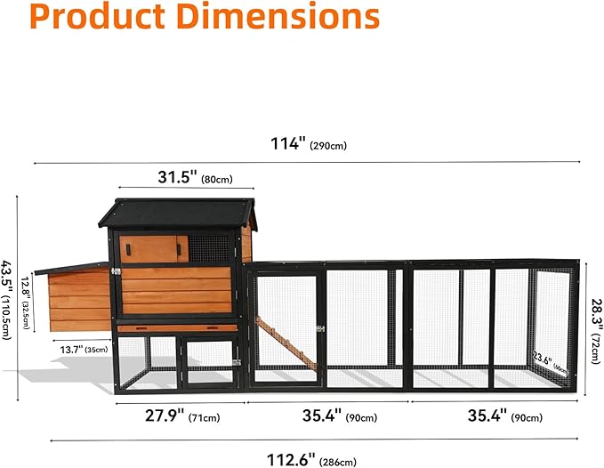 113" Large Chicken Coop with Run, Outdoor Wooden Hen Duck House with Nesting Box, Waterproof Asphalt Roof and Pull-Out Tray, Poultry Bunny Quail Cage Rabbit Hutch with Ventilated Window, Brown+Black