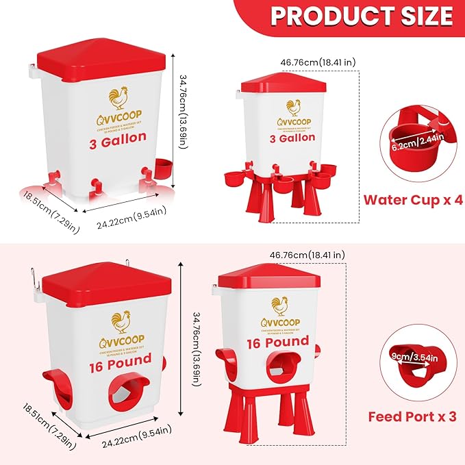 Automatic Chicken Feeder and Waterer Set, Poultry Feeding Equipment for Duck Turkey, Chicken Coop Accessories, Standing/Hanging Use, 3 Gallon Set, Red