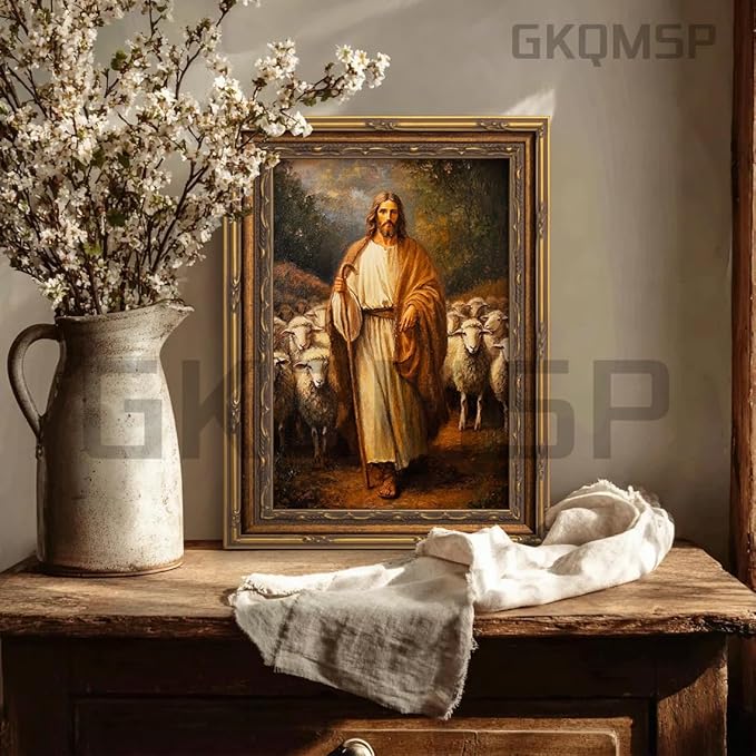 Vintage Gold Framed Wall Art Jesus and Lamb canvas wall decor Christian Jesus Sheep Oil Painting Prints Religious Shepherd Picture Poster Artwork for home Living Room Bedroom prayer room 9x11in
