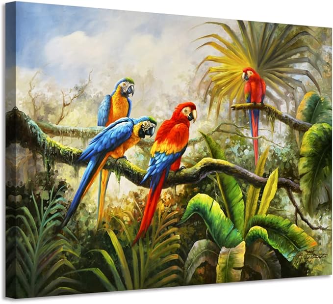 Woxfcart Tropical Macaw Parrot Canvas Wall Art, Colorful Bird Painting for Kids Children Room Bathroom Bedroom Decor, 15 x 12 Inch, Ready to Hang