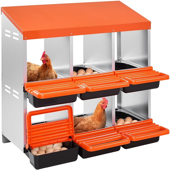 VEVOR 2 Tiers Chicken Nesting Boxes, 6 Compartments, Metal Egg Laying Boxes with Protective Collection Lids, Roll Out Nesting Box, Easy to Assemble, Ideal for Hens, Ducks, Chickens, and Other Poultry