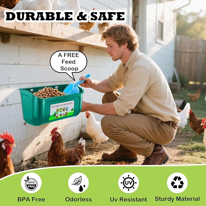 5 Pack Chicken Feeder, Duck Feeder Supplies, Hanging Fence Feed Trough with Clips for Goat, Sheeple, Piglet, Gooses, Turkeys, Dog Livestock Poultry, 8 Quarts in Total, Feed Scoop Included, Green