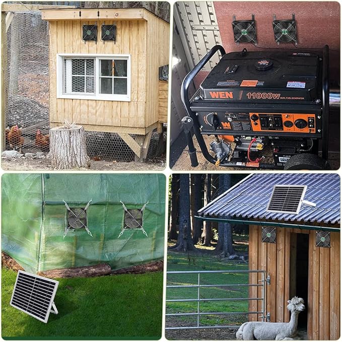 Solar Powered Fan with Battery, Rechargeable Solar Fan for Chicken Coop, Greenhouse, Shed, Outside with Two IPX7 Waterproof Exhaust Intake Fans 16.5Ft On/Off Switch Cable