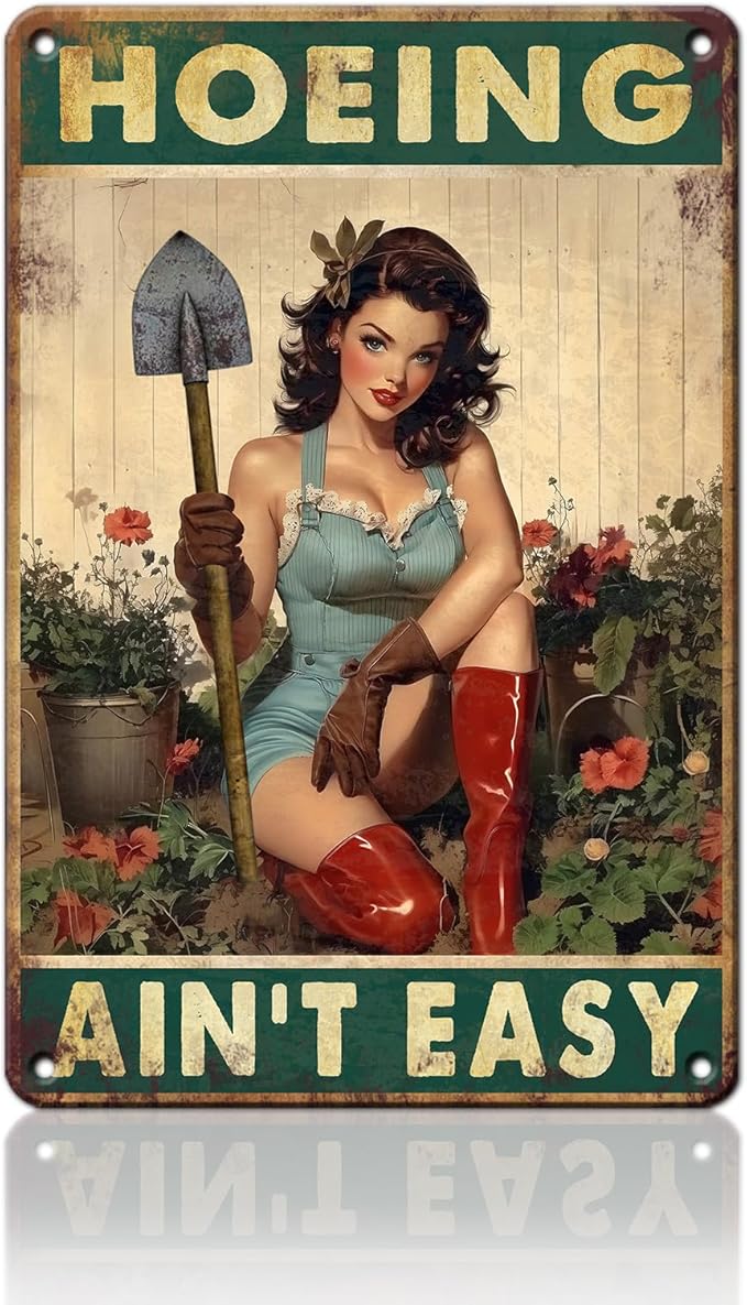 PEACHGARDEN Garden Signs for Outside Hoeing Ain't Easy Funny Garden Metal Signs Wall Decor Aluminum Yard Art for Patio Backyard Greenhouse 8x12 Inch