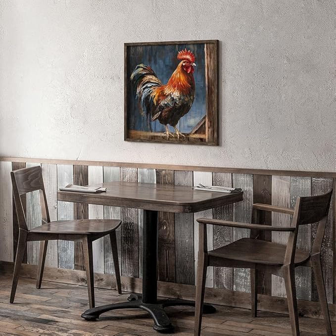 Rooster Framed Wall Art Decor: Farmhouse Animal Picture Country Cock Wooden Artwork Farm Chicken Painting is the Perfect Combination of Energy Nature for the Kitchen Country House Bathroom 20"x20"