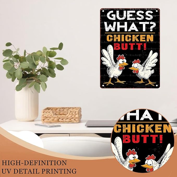 Chicken Lover Guess What Chicken Butt Metal Tin Sign Rustic Wall Decor Farmhouse Kitchen Art 12X16Inch