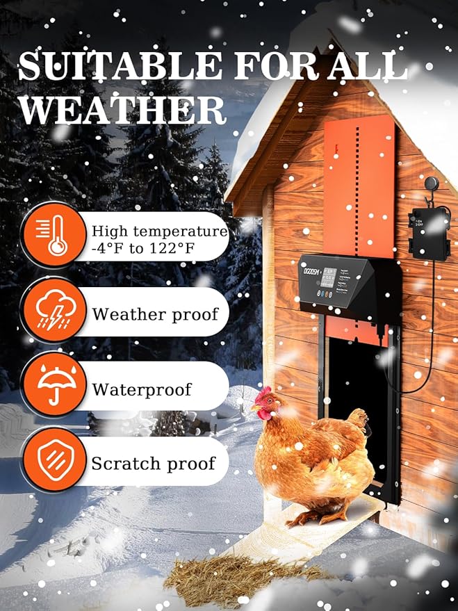 Automatic Chicken Coop Door, Aluminum Automatic Chicken Door with Anti-Pinch Feature, Timer and LCD Display (New-Orange)