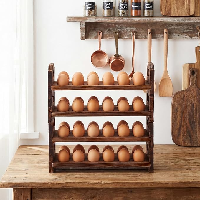 LemonRoad 4 Tier Wooden Egg Holder for Countertop, Pine Stackable Fresh Egg Storage Farmhouse Collecting Rack for Gathering Kitchen Organizer Duck Eggs Display, Stackable with 48 Eggs
