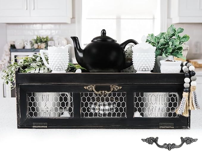 Felt Creative Home Goods Farmhouse Chicken Wire Countertop Shelving Organizer, Decorative Kitchen Pantry Storage Cabinet, Rustic Counter Storage Display, Country Kitchen Island Decor (Black)