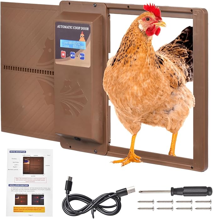 Programmable Automatic Chicken Coop Door with Timer and LCD Display Double Power Supply(USB Charging/Battery Holder) Weatherproof Automatic Chicken Door Anti-Pinch Protection for Poultry(Coffee)