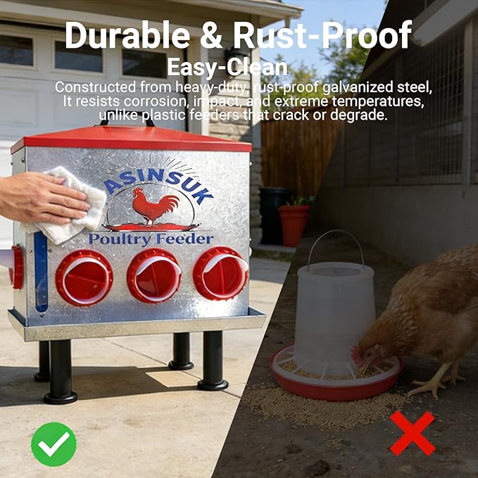 10Gal 55lb Automatic Chicken Feeder 8 Ports, Large Metal Poultry Feeder No Waste Rat-Proof with Window & Catchment Tray, Height Adjustable Waterproof Rust-Proof for Backyard Coop Duck Turkey