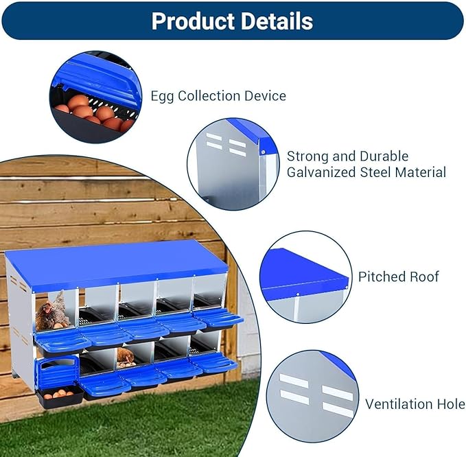 10 Hole Chicken Nesting Boxes - Nesting Boxes Chicken with Roll Away Design & Lid Cover,Easy Egg Collection, Hen Roosting Nest, Durable Poultry Laying Boxes for Hens