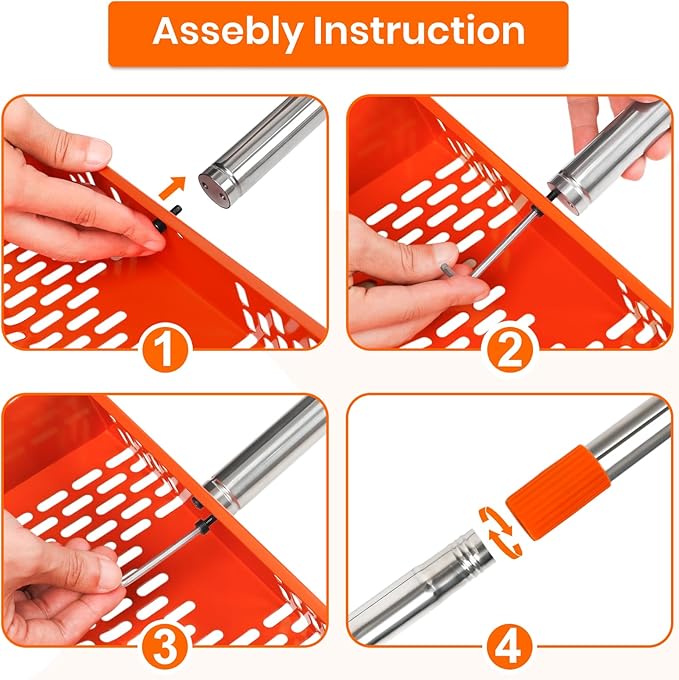2-in-1 Chicken Poop Scooper & Rake Chicken Coop Scooper for Sand, with Adjustable Long Handle, Sifting Shovel, Chicken Scooper for Poop, Metal, Safety Orange