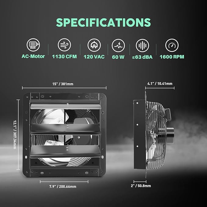YOZON 12" Shutter Exhaust Fan with Speed Controller, Wall Mounted Wall Exhaust Fan, Automatic Shutter, High Speed, 1130CFM, Vent Fan for Garage, Greenhouse, Shed, Chicken Coop and Workshop - Black