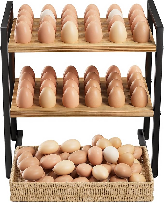 Nuovoware 3-Tier Egg Holder Countertop with Basket for 48+60 Eggs, Wooden Egg Basket with Carry Handle Gathering 100+ Fresh Quail, Duck, Turkey, Chicken Eggs, Kitchen Storage Home Farmhouse Decor