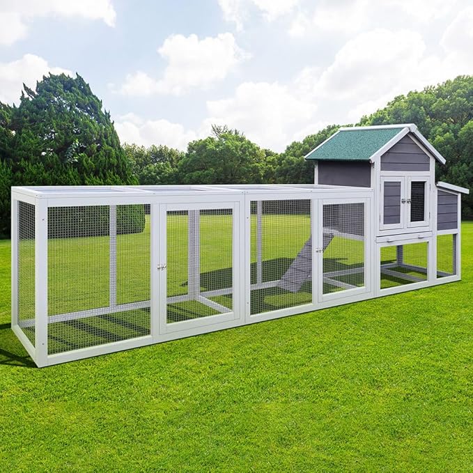 122" Large Chicken Coop with Nesting Box and Run, Outdoor Wooden Poultry Cage with Waterproof Asphalt Roof, Pull-Out Tray, and Ramp, Hen House for 3–6 Chickens, Grey