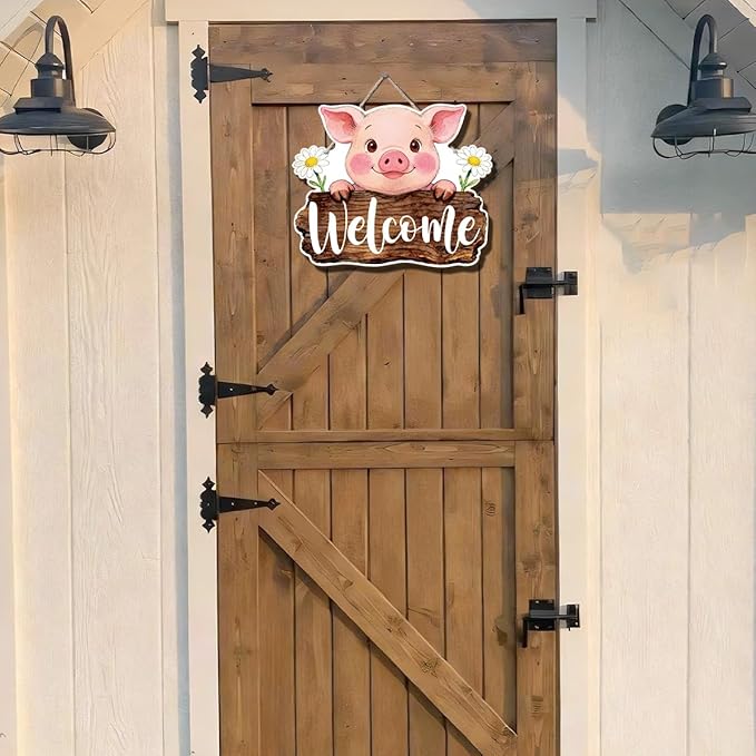 Farmhouse Wall Decor, Cute Pig Welcome Sign with Daisies, Rustic Wood Hanging Plaque, Watercolor Farm Animal Wall Art Painting Style, Country Kitchen or Porch Door Sign, 11.8x9.6 Inches