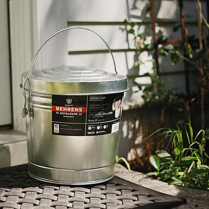 Behrens 6 Gallon Galvanized Steel Storage Can or Waste Bin w/Locking Lid & Handle (2 Cans, No Grip)