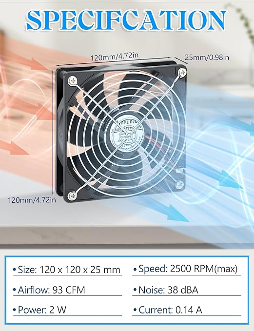 2pcs 120mm x 25mm IP67 Exhaust Fan 2pin DC 12V Dual Ball Bearing Brushless Cooling for Rv Fridge, Gaming Laptop,growtent, Solar Battery Box, Chicken coop