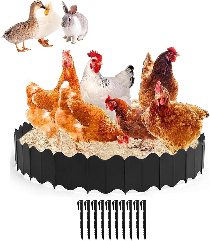 10 Ft Large Chicken Dust Bath Tub 37.5'' D * 5.5''H, Bottomless Design Round Adjustable Chicken Coop Cleaner Container Dust Bath for Essential Coop with 10 Pcs Stakes（7.85 in）, Black