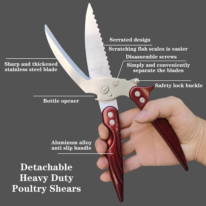 Heavy Duty Poultry Shears, Professional Kitchen Scissors, Kitchen Shears for Food Heavy Duty Chicken Scissors,Spatchcock Turkey Shears that Come Apart,Red
