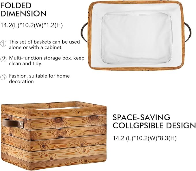 Rustic Wood Grain Storage Bins Collapsible Storage Basket with Metal Frame, Fabric Shelves Bins Closet Baskets with Handles, 1-Pack