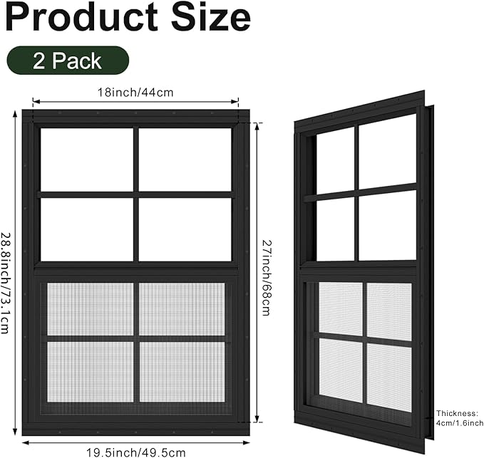 2 Pack Shed Windows 18" x 27" Flush Mount Window with Tempered Glass,House Small Windows,Household Sliding Windows for Chicken Coop, Playhouse, Household, Garage（Black）