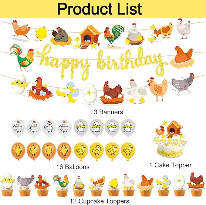 Chicken Party Decorations Gold Glitter Happy Birthday Banner Chicken Paper Garlands Chick Balloons Cake Cupcake Topper for Spring Easter Farm Theme Party Decor Supplies