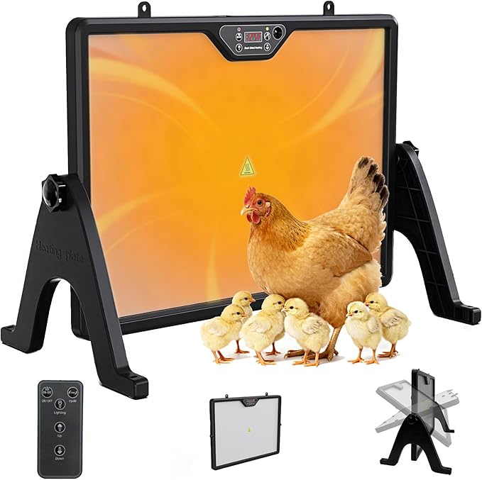 Smart Chick Brooder Heater Plate with Adjustable Temperature (86–167°F) & 0–12H Timer, Built-in Temperature Sensor, 12"x16" Dual-Sided Brooder Plate for Chicks, Remote Control & Adjustable Angle
