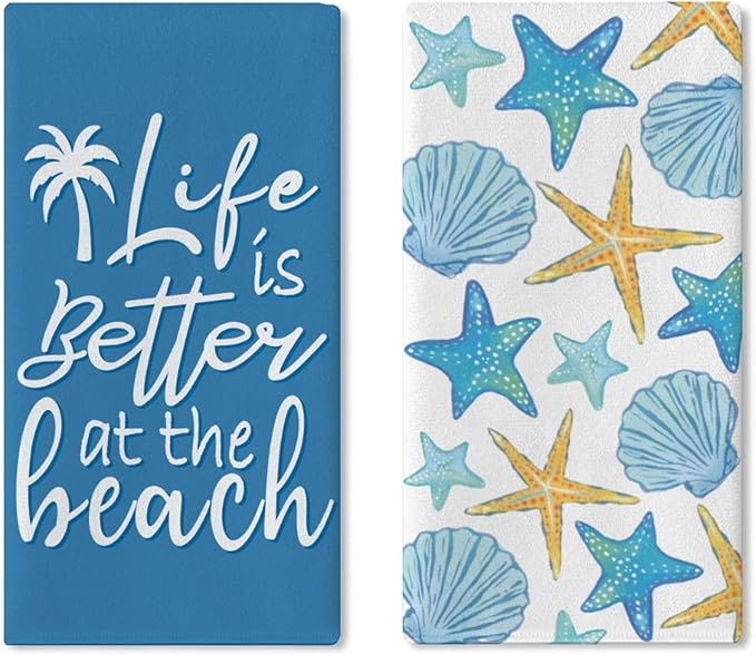 Life is Better at The Beach Kitchen Dish Towels Set of 2, Summer Blue Coastal Starfish Shell Drying Hand Towel Baking Cooking Cloth, Nautical Palm Tree Bathroom Home Decoration 18'' x 26''