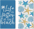 Life is Better at The Beach Kitchen Dish Towels Set of 2, Summer Blue Coastal Starfish Shell Drying Hand Towel Baking Cooking Cloth, Nautical Palm Tree Bathroom Home Decoration 18'' x 26''