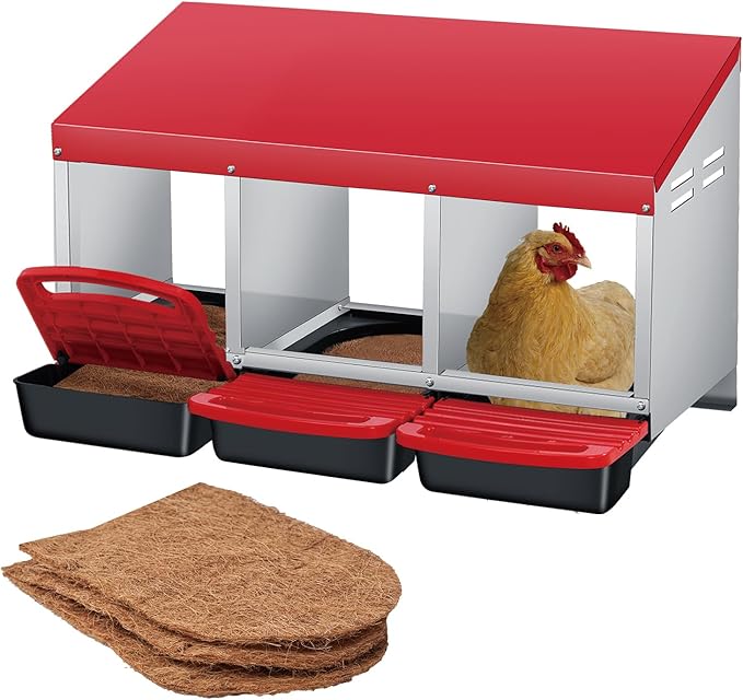 Chicken Nesting Box with Nesting Pads, Galvanized Steel Nest with Roll Away Egg Collection & Swing Perch, Easy-Clean Laying Box for Hens, Heavy Duty Design for Chicken Coop