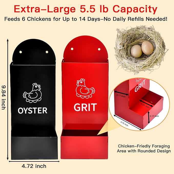2 Pack Chicken Oyster Shell Feeder and Grit Device, Corner Chicken Feeder, Coop Accessories, Suitable for Hens and Chicks (Black+Red)