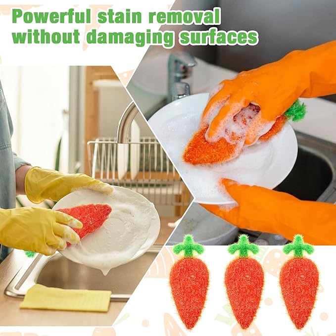 Breling 6 Pieces Carrot Shape Dish Sponge Dual Sided Non Scratch Dish Washing Scrubbers, Reusable Household Cleaning Kitchen Tools for Dishwashing Washing Dishes Cookware