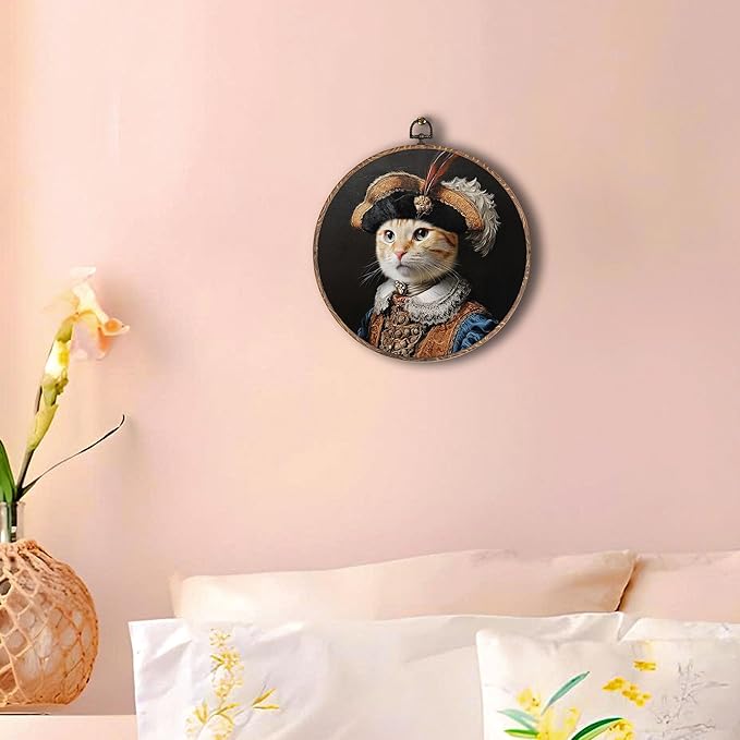Hxlac Victorian Cat Round Wall Art Framed, Vintage Cat Round Wall Decor, Cottagecore Farm Animal Hanging Canvas Prints Wall Sculptures for Home Living Room Bedroom Decor, 10x10 Inch