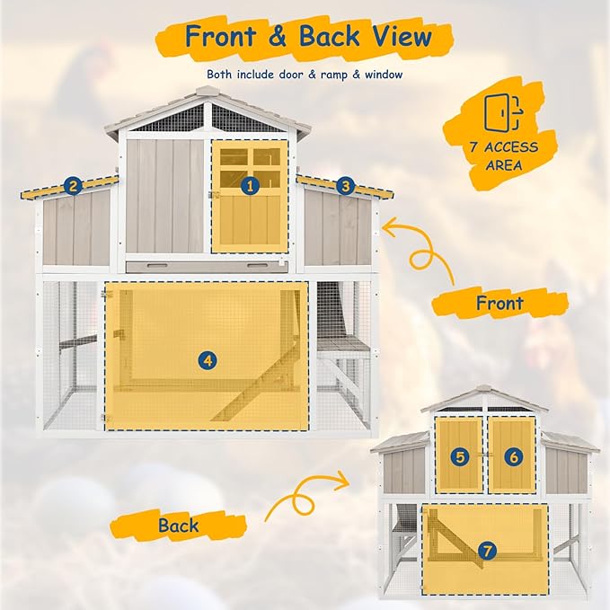 Outdoor Wooden Chicken Coop for 2–4 Chickens, 2-Tier Design Elevated Hen House with Dual Nesting Boxes, Slide-Out Tray, Reinforced Frame, Expandable Run, Expandable Run Connection, Grey