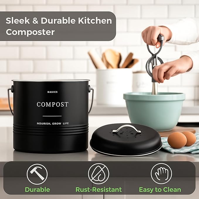 D'Lifeful Kitchen Compost Bin – 1.3 Gallon Countertop Farmhouse Compost Container with Lid – Odorless Indoor Food Scrap Pail with 6 Charcoal Filters – Eco-Conscious and Easy to Clean - Black