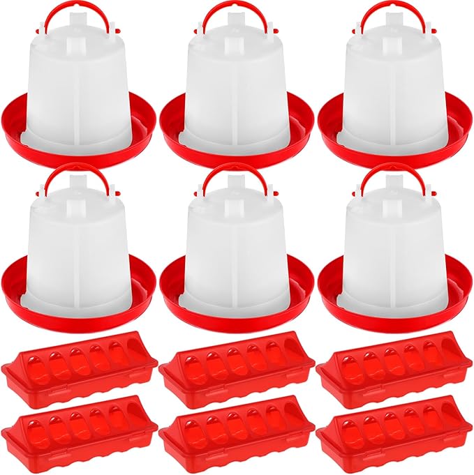 12 Pack Chicken Feeder and Waterer Set Bird Small Poultry Feeder Flip Top Bird Small Poultry Feeding for Pigeon Chick Drinker Duckling Quail Feeding Dispenser (1.5 L,Red)