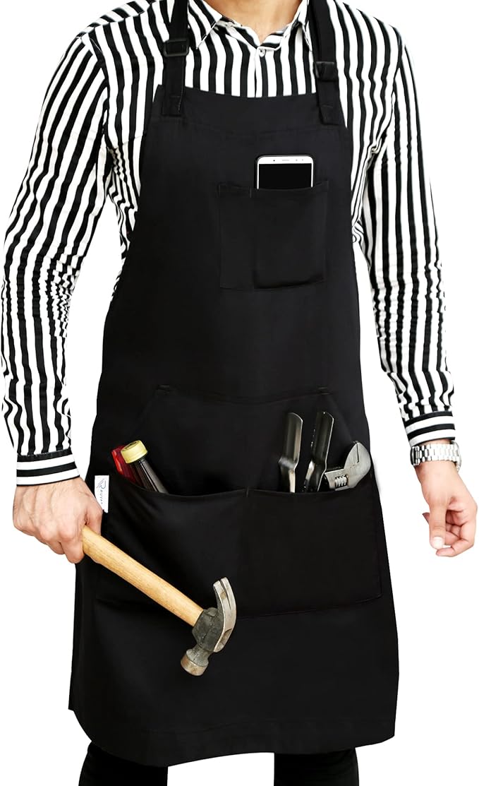 RUVANTI Work Apron for Men, Oil & Water Repellent, Poly Cotton Cross Back Aprons for Women with Pockets, Adjustable up to XXL
