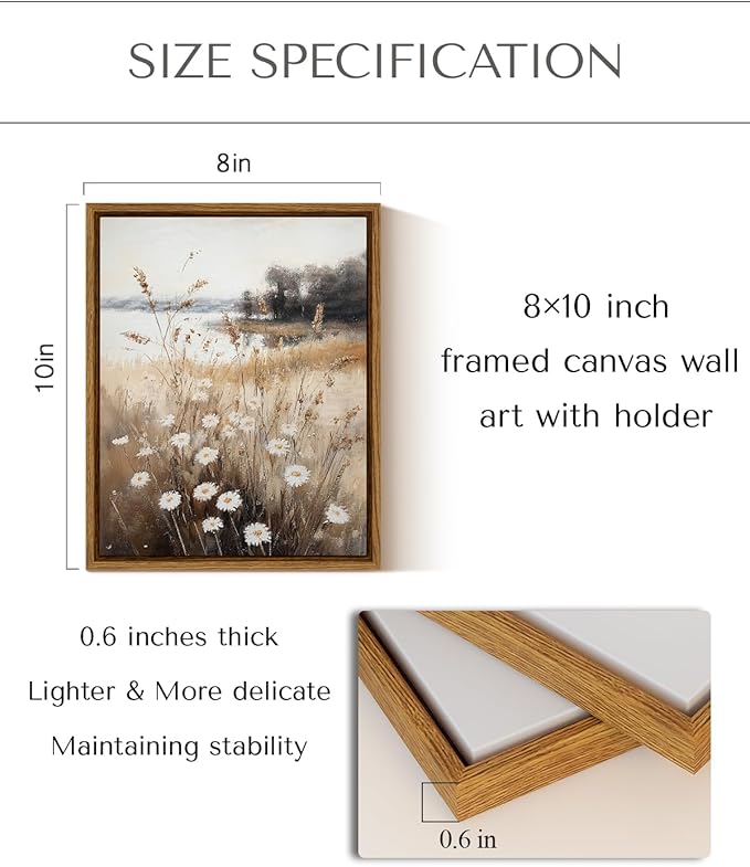 InSimSea Framed Canvas Wall Art for Living Room Fall Landscape Wall Decor Meadow with Flowers Vintage Paintings Classical Wildflower Field Scene Boho Floral Pictures Decor for Bathroom Bedroom 8x10in